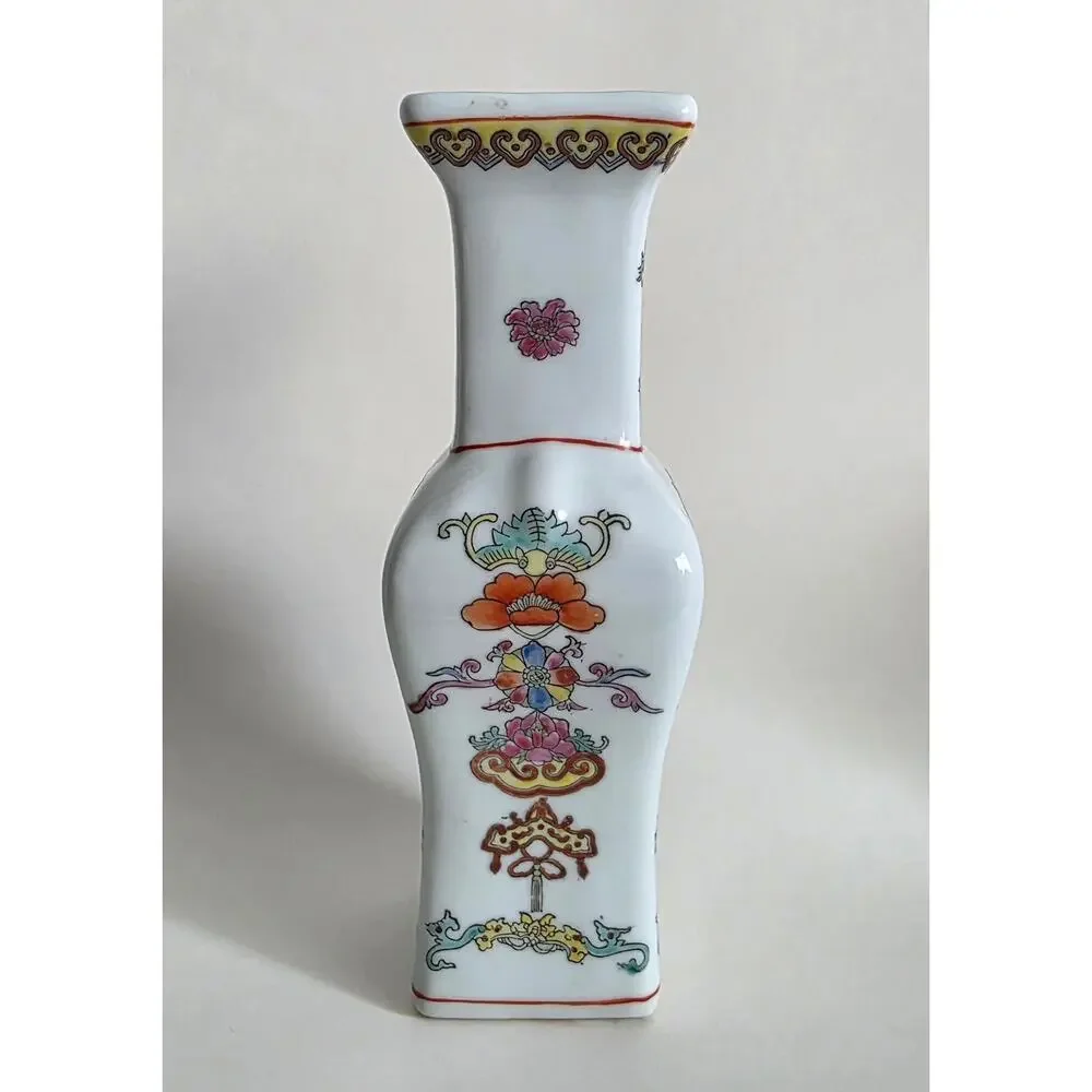 Chinese Porcelain Square Vase Hand Painted Floral Decor 10